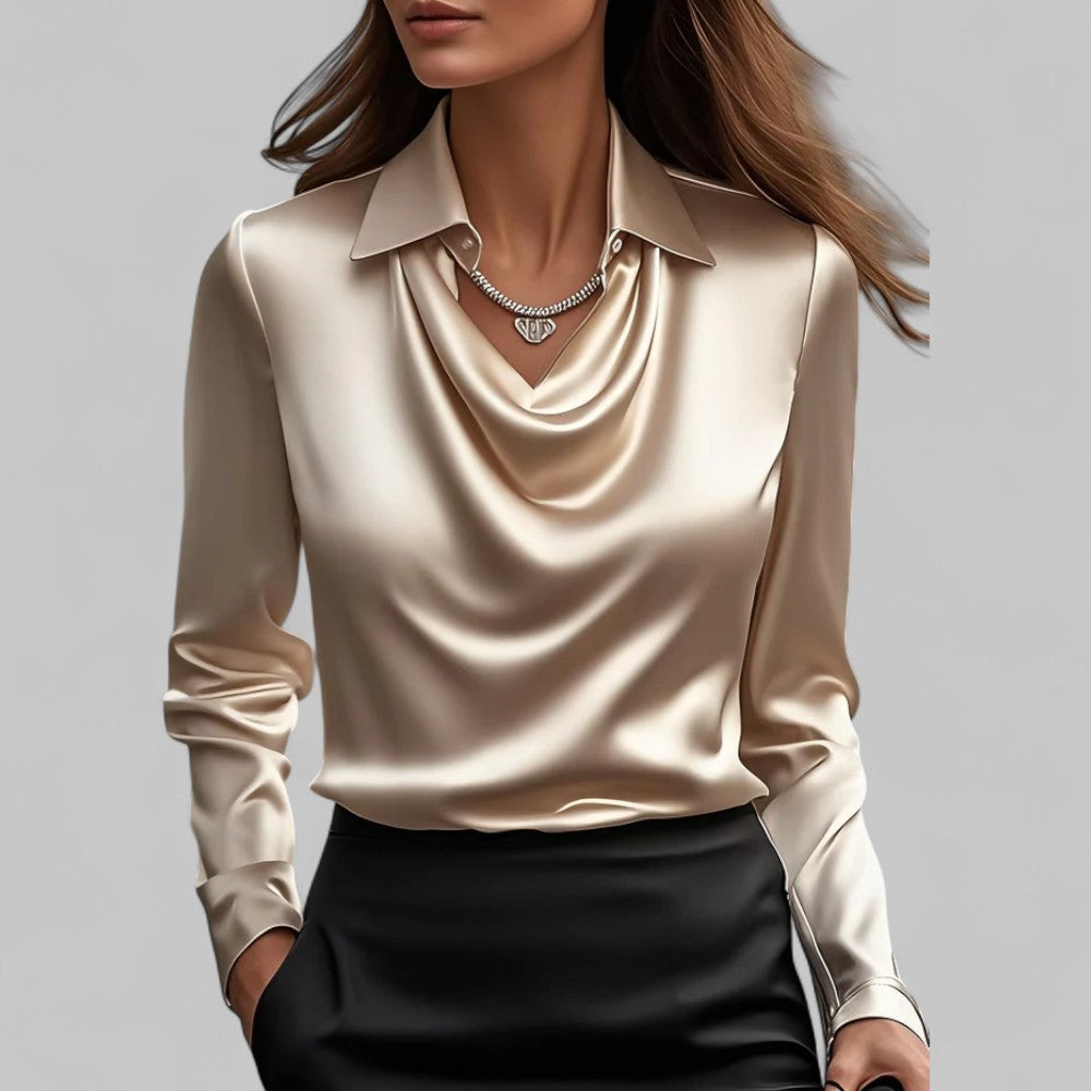 Donna | Women’s Draped Neck Long Sleeve Satin Blouses