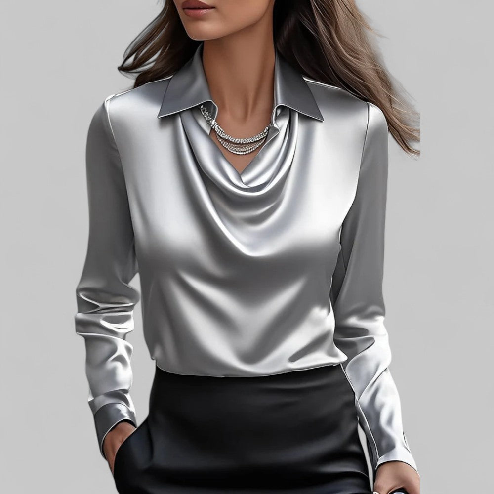 Donna | Women’s Draped Neck Long Sleeve Satin Blouses