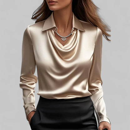 Donna | Women’s Draped Neck Long Sleeve Satin Blouses