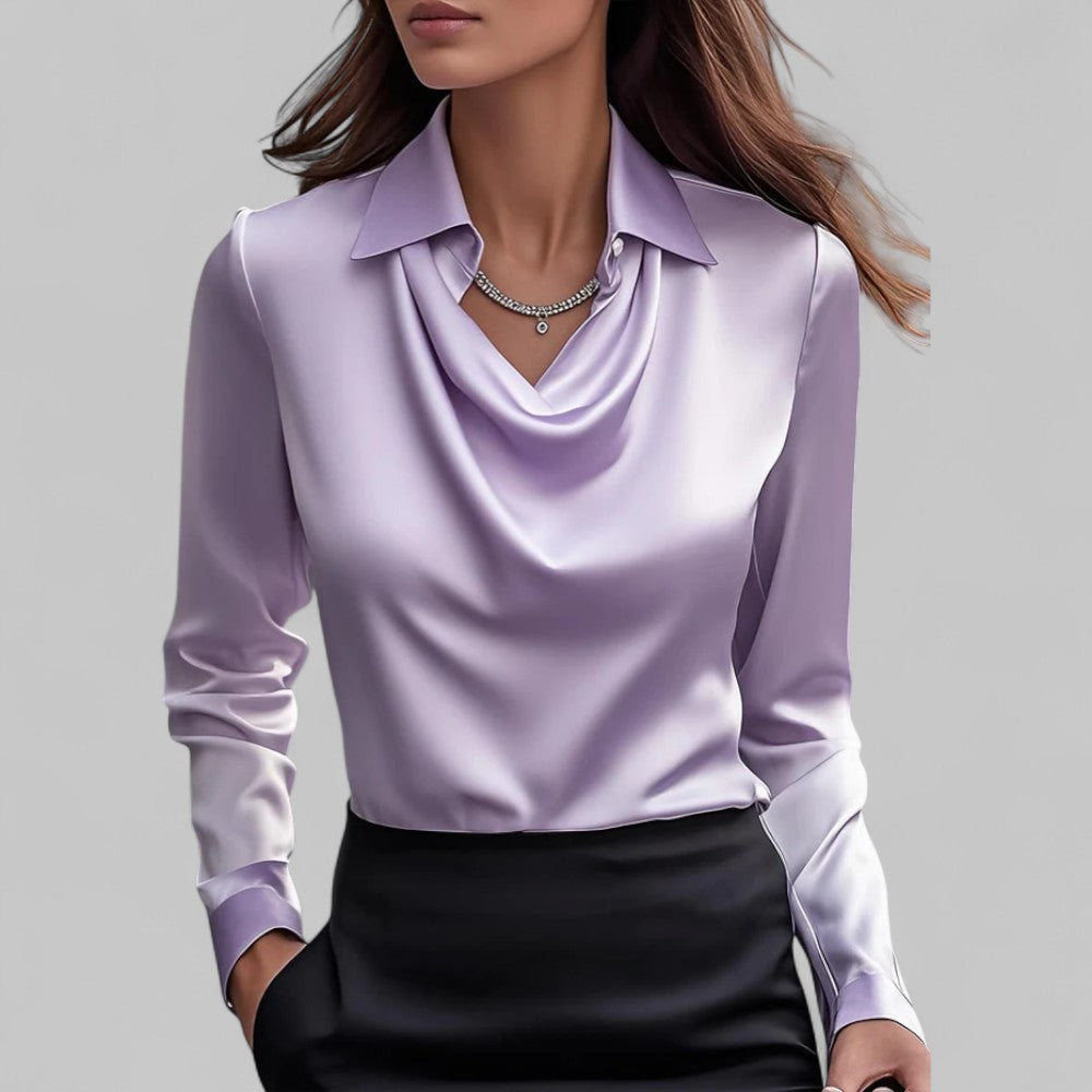 Donna | Women’s Draped Neck Long Sleeve Satin Blouses