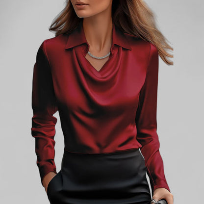 Donna | Women’s Draped Neck Long Sleeve Satin Blouses