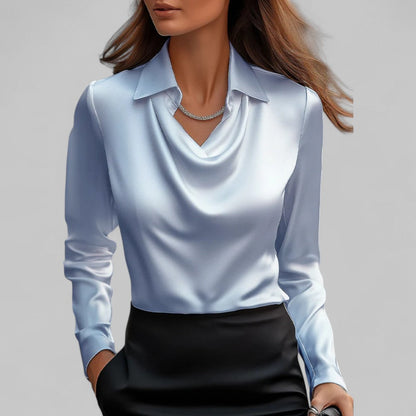 Donna | Women’s Draped Neck Long Sleeve Satin Blouses