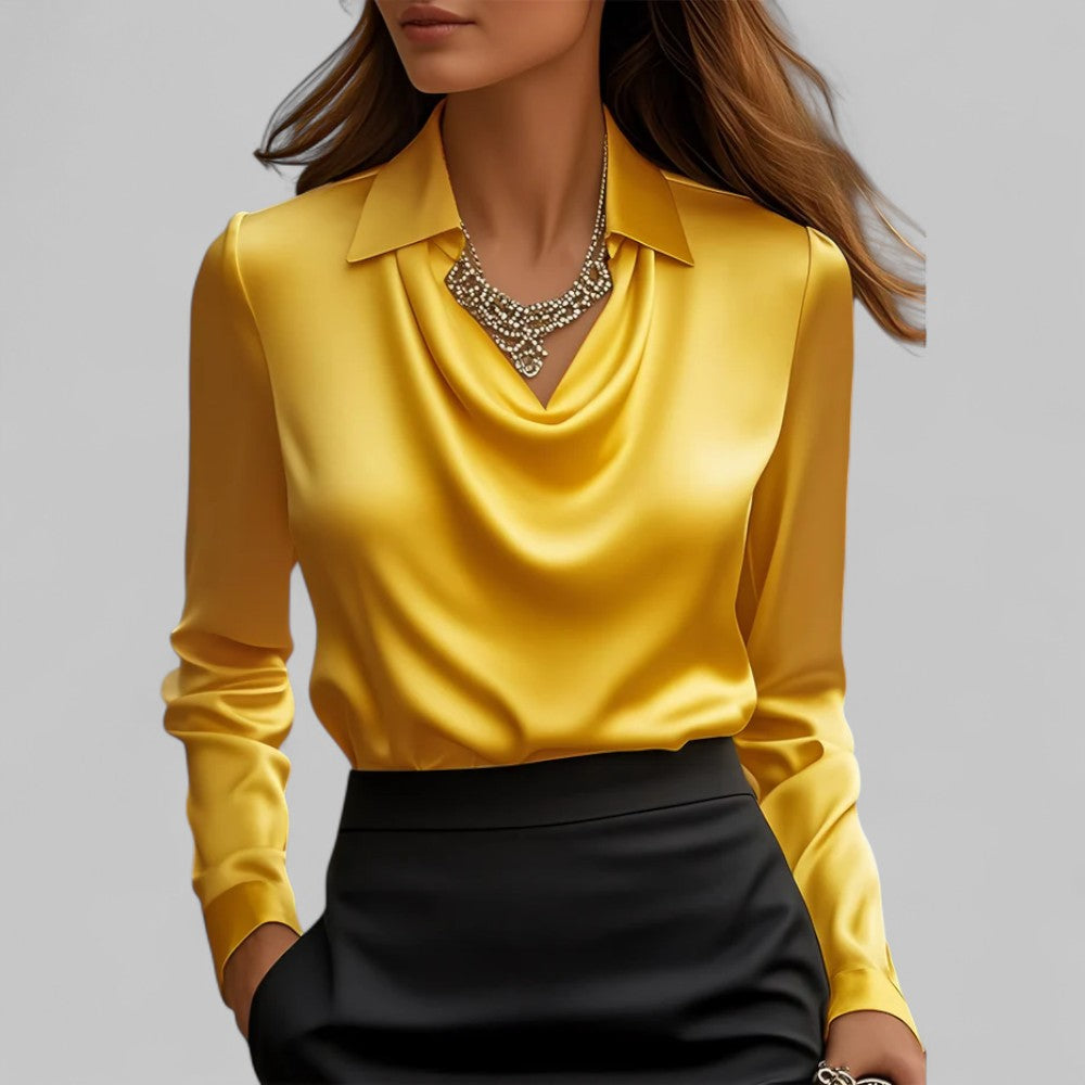 Donna | Women’s Draped Neck Long Sleeve Satin Blouses