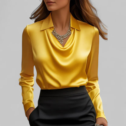 Donna | Women’s Draped Neck Long Sleeve Satin Blouses