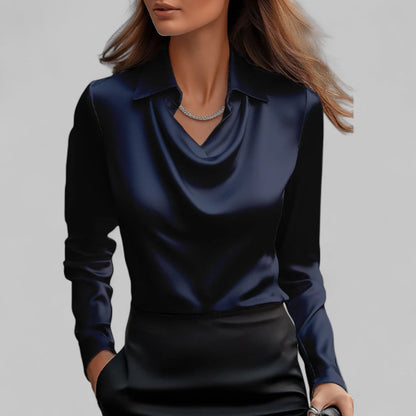Donna | Women’s Draped Neck Long Sleeve Satin Blouses