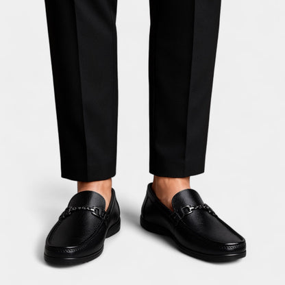 Men’s Leather Slip-On Business Loafers with Rounded Toe and Metal Bit Detail