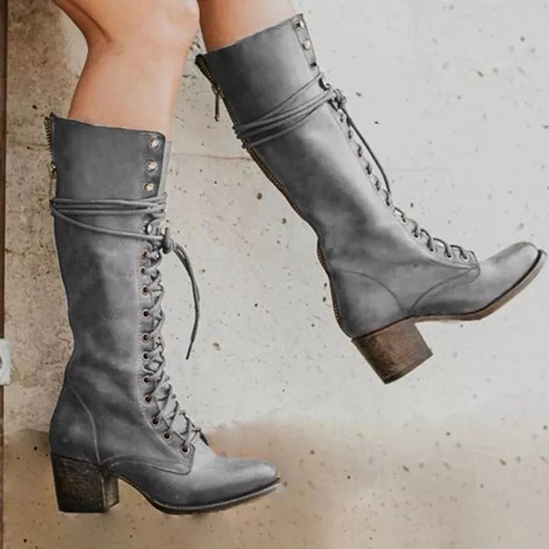 Sharon | Women’s Lace-Up Knee-High Boots with Block Heel