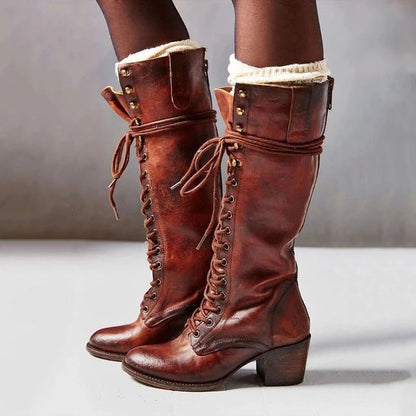 Sharon | Women’s Lace-Up Knee-High Boots with Block Heel