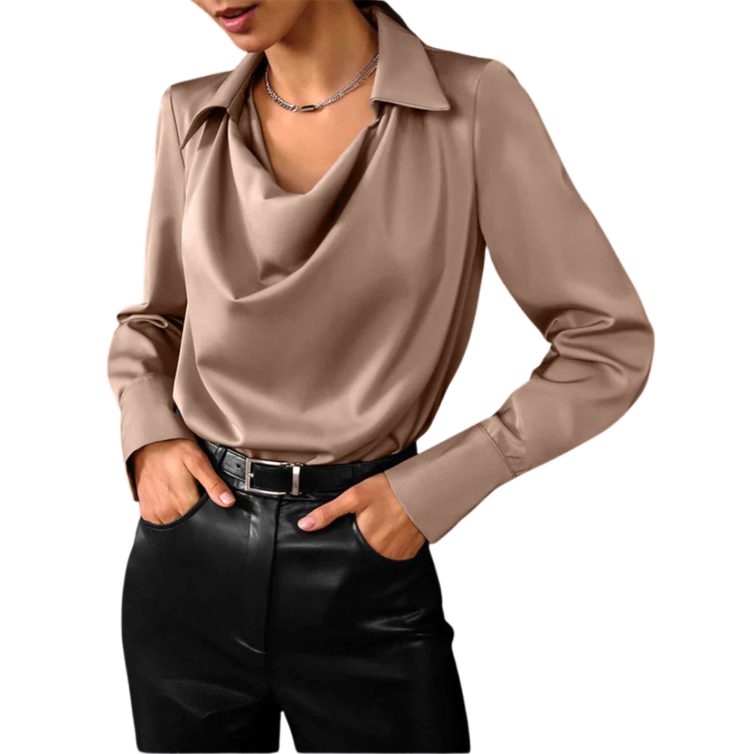 Rhonda | Women’s Drape Neck Long Sleeve Satin Blouses