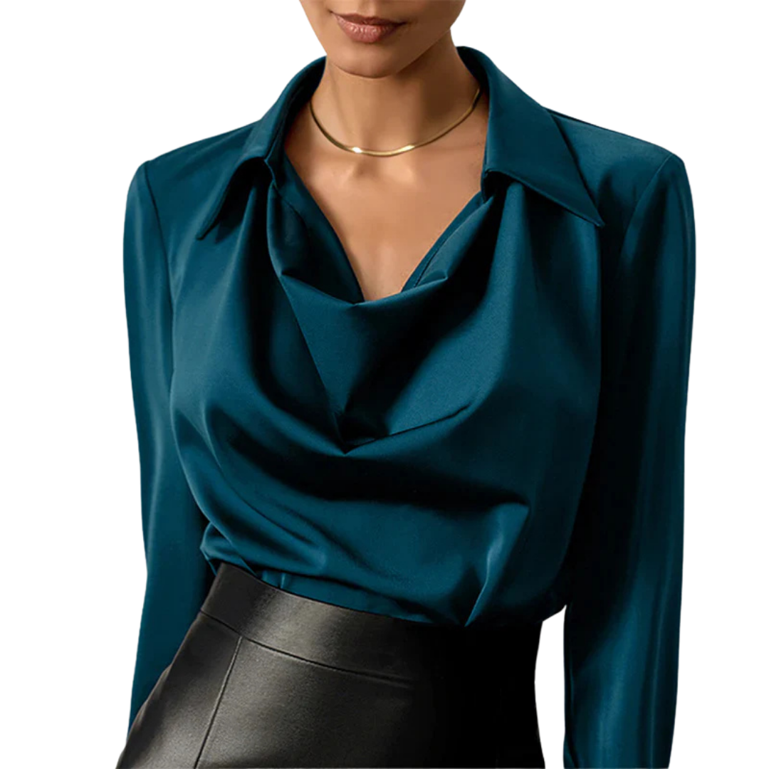 Rhonda | Women’s Drape Neck Long Sleeve Satin Blouses