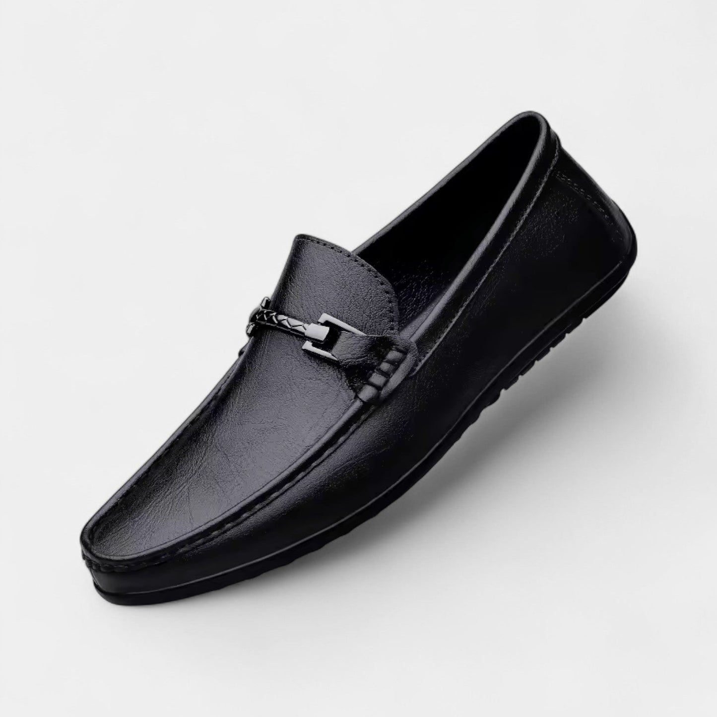 Men’s Leather Slip-On Business Loafers with Rounded Toe and Metal Bit Detail