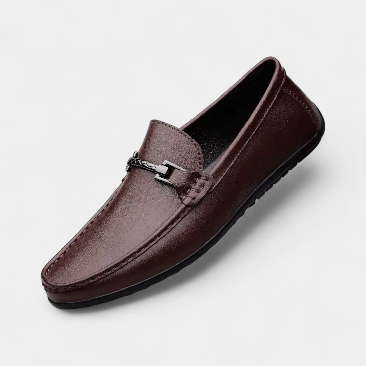 Men’s Leather Slip-On Business Loafers with Rounded Toe and Metal Bit Detail
