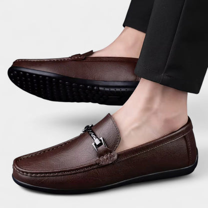 Men’s Leather Slip-On Business Loafers with Rounded Toe and Metal Bit Detail