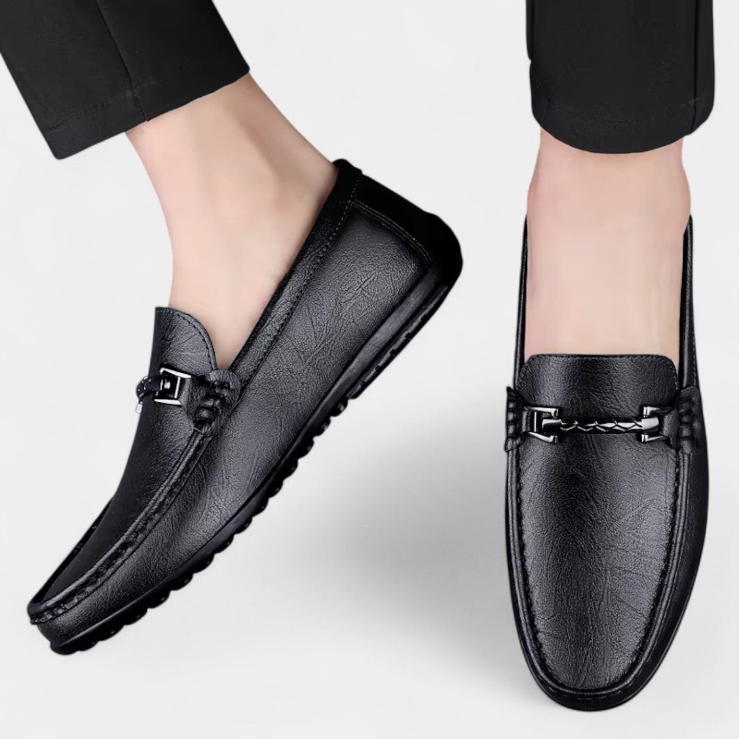 Men’s Leather Slip-On Business Loafers with Rounded Toe and Metal Bit Detail