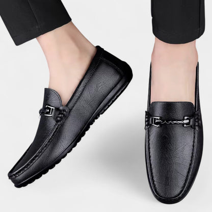 Men’s Leather Slip-On Business Loafers with Rounded Toe and Metal Bit Detail