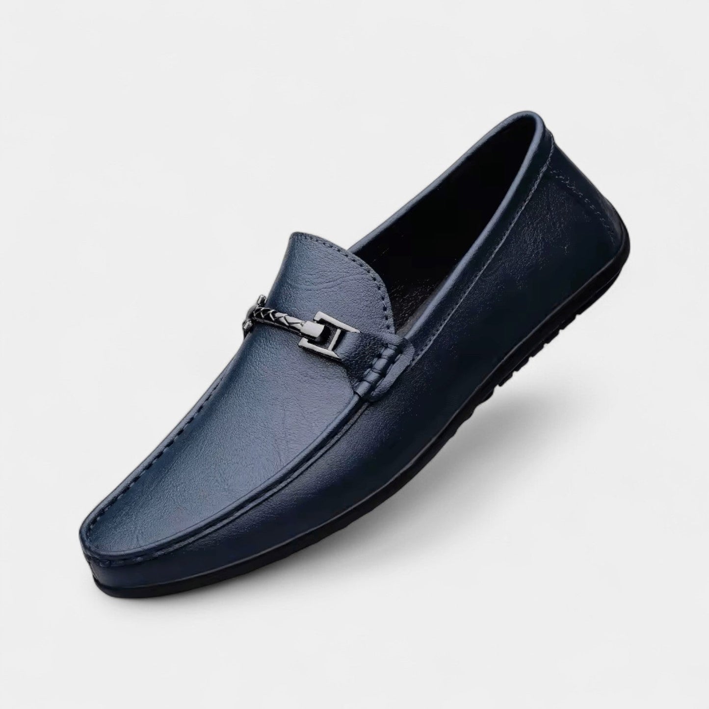 Men’s Leather Slip-On Business Loafers with Rounded Toe and Metal Bit Detail