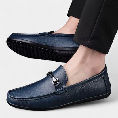 Men’s Leather Slip-On Business Loafers with Rounded Toe and Metal Bit Detail