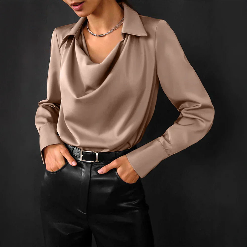 Rhonda | Women’s Drape Neck Long Sleeve Satin Blouses