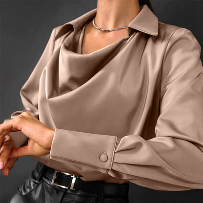 Rhonda | Women’s Drape Neck Long Sleeve Satin Blouses