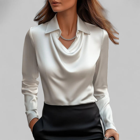 Donna | Women’s Draped Neck Long Sleeve Satin Blouses