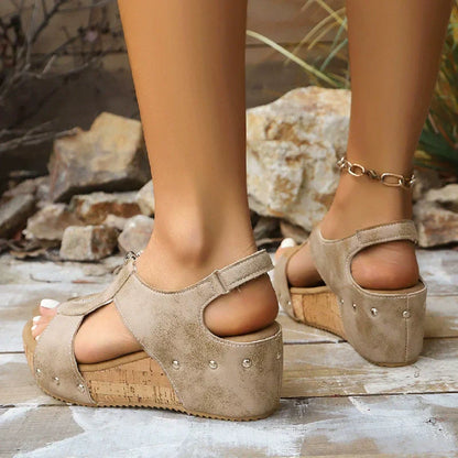 Women’s Open-Toe Wedge Sandals with Front Zip and Cork-Style Sole