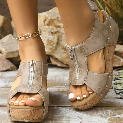 Women’s Open-Toe Wedge Sandals with Front Zip and Cork-Style Sole