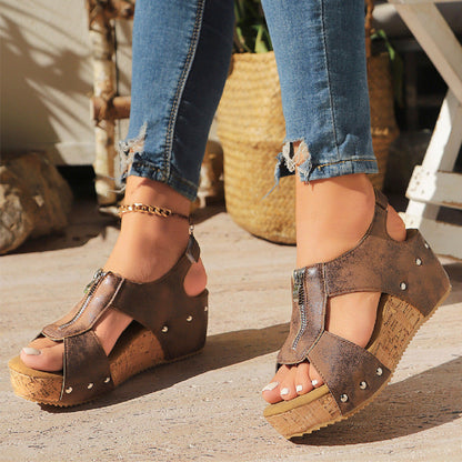 Women’s Open-Toe Wedge Sandals with Front Zip and Cork-Style Sole
