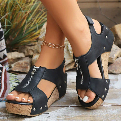 Women’s Open-Toe Wedge Sandals with Front Zip and Cork-Style Sole