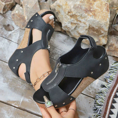 Women’s Open-Toe Wedge Sandals with Front Zip and Cork-Style Sole